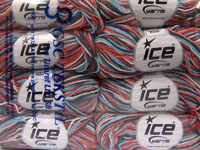 8x50gr. LORENA PRINT Akrilik, Pamuk Beyaz, Kırmızı, Somon, Mavi Tonları Yazlık İplikler, Pamuk, Batik Desenli