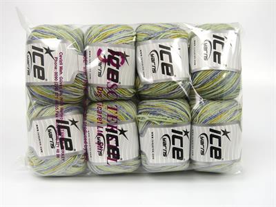 8x50gr. LORENA SPLASH Akrilik, Pamuk Mavi, Sarı, Yeşil Tonları Yazlık İplikler, Pamuk, Batik Desenli, Akrilik