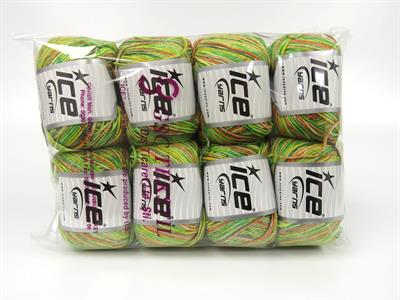 8x50gr. LORENA SPLASH Akrilik, Pamuk Turuncu, Sarı, Yeşil Tonları Yazlık İplikler, Pamuk, Batik Desenli, Akrilik