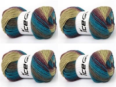 4x100gr. LANA BELLA Yün, Akrilik Turkuaz, Kahverengi Tonları, Maron Kışlık, Yün, Batik Desenli