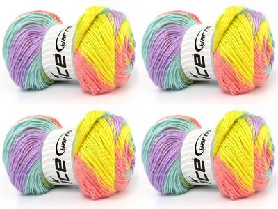 4x100gr. RAINBOW Premium Akrilik Leylak, Sarı, Açık Somon, Nane Yeşil Kışlık, Düz iplikler, Batik Desenli, 100% Akrilik