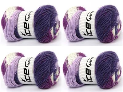 4x100gr. RAINBOW Premium Akrilik Ekru, Mor Tonları Kışlık, Düz iplikler, Batik Desenli, 100% Akrilik