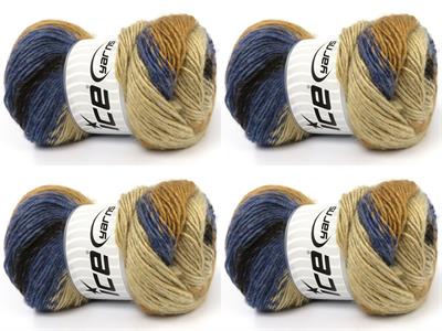 4x100gr. RAINBOW Premium Akrilik Kahverengi Tonları, Kot Mavisi Kışlık, Düz iplikler, Batik Desenli, 100% Akrilik