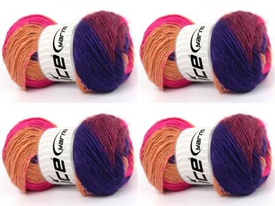 4x100gr. RAINBOW Premium Akrilik Pembe, Mor, Bordo, Açık Somon Kışlık, Düz iplikler, Batik Desenli, 100% Akrilik