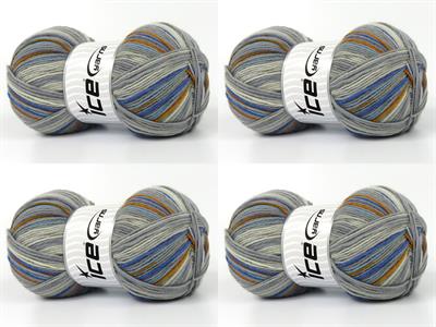 Lot of 4 x 100gr Skeins Ice Yarns SOCK VARICOLOR (75% Superwash Wool) Yarn Grey Shades Blue Shades Gold