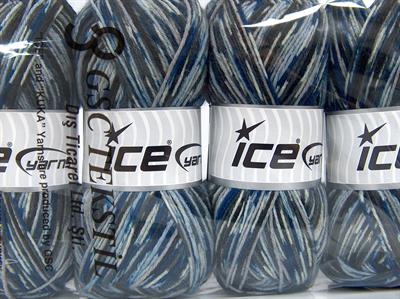 Lot of 4 x 100gr Skeins Ice Yarns MULTICOLOR SOCK (75% Superwash Wool) Yarn Blue Shades Grey Black