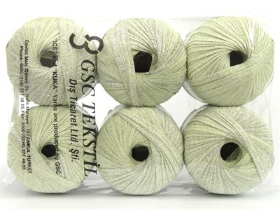 6x50gr. NAMASTE GLITZ Metalik Simli Gümüş, Koyu Krem Şerit, Yazlık İplikler, Batik Desenli, Kalın