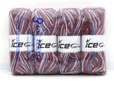 4x100gr. PARTY Akrilik Leylak, Açık Mavi, Bordo Tonları Kışlık, Batik Desenli, Worsted, 100% Akrilik