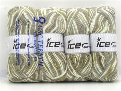 4x100gr. PARTY Akrilik Beyaz, Deve Tüyü, Açık Gri, Haki Tonları Kışlık, Batik Desenli, Worsted, 100% Akrilik