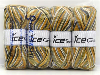 4x100gr. PARTY Akrilik Beyaz, Altın, Haki, Mavi Tonları Kışlık, Batik Desenli, Worsted, 100% Akrilik