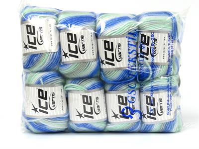 8x50gr. PICASSO Akrilik Mavi, Beyaz, Açık Gri, Nane Yeşil Düz iplikler, Batik Desenli, Worsted, Zincir