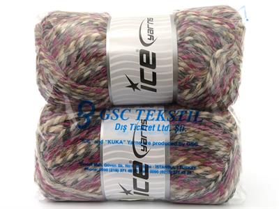 Lot of 2 x 200gr Skeins Ice Yarns PUZZLE WOOL CHUNKY (35% Wool) Yarn Grey Brown Shades Fuchsia