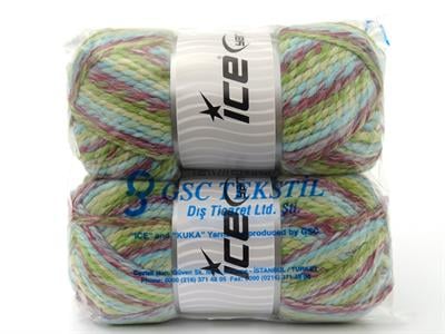 Lot of 2 x 200gr Skeins Ice Yarns PUZZLE WOOL CHUNKY (35% Wool) Yarn Fuchsia Turquoise Green Shades