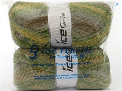 Lot of 2 x 200gr Skeins Ice Yarns PUZZLE WOOL WORSTED (35% Wool) Yarn Green Light Gold Grey Camel