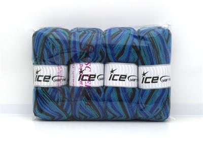 Lot of 4 x 100gr Skeins Ice Yarns SOCK VARICOLOR (75% Superwash Wool) Yarn Turquoise Shades Blue Black