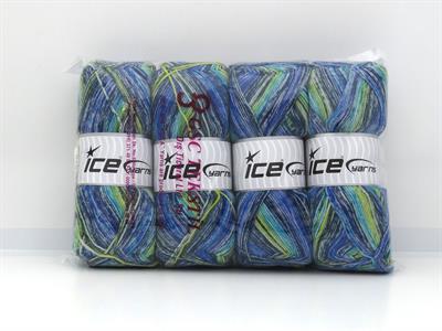 Lot of 4 x 100gr Skeins Ice Yarns SOCK VARICOLOR (75% Superwash Wool) Yarn Blue Shades Green Shades