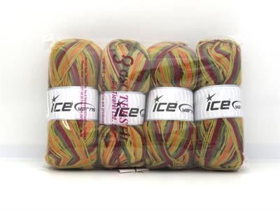 Lot of 4 x 100gr Skeins Ice Yarns SOCK VARICOLOR (75% Superwash Wool) Yarn Green Shades Burgundy Orange