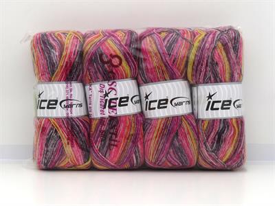 Lot of 4 x 100gr Skeins Ice Yarns SOCK VARICOLOR (75% Superwash Wool) Yarn Black Yellow Purple Shades Pink