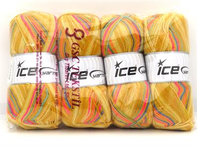 Lot of 4 x 100gr Skeins Ice Yarns SOCK VARICOLOR (75% Superwash Wool) Yarn Pink Blue Turquoise Orange Gold Shades