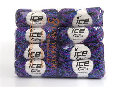 8x50gr. SUMMER ROSE GLITZ Metalik Simli, Akrilik Siyah, Mavi, Mor Metalik Simli, Yazlık İplikler, Batik Desenli, Akrilik