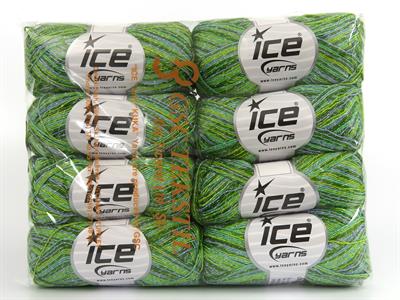 8x50gr. SUMMER ROSE GLITZ Metalik Simli, Akrilik Mavi, Yeşil Tonları Metalik Simli, Yazlık İplikler, Batik Desenli, Akrilik