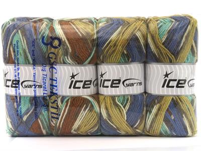 Lot of 4 x 100gr Skeins Ice Yarns WOOL DESIGN (35% Wool) Yarn Brown Shades White Blue