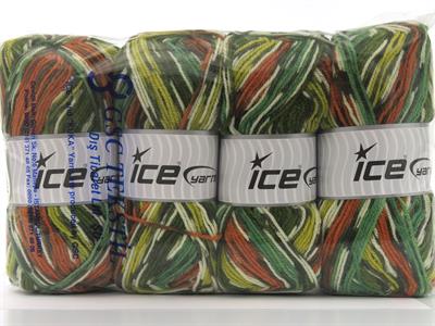 Lot of 4 x 100gr Skeins Ice Yarns WOOL DESIGN (35% Wool) Yarn Green Shades White Orange