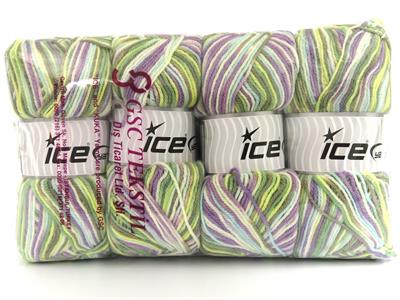 4x100gr. WOOL VARICOLOR LIGHT Yün, Akrilik Beyaz, Leylak, Yeşil Tonları, Bej Kışlık, Yün, Batik Desenli, Akrilik