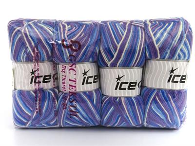 4x100gr. WOOL VARICOLOR LIGHT Yün, Akrilik Beyaz, Leylak Tonları, Mavi Tonları Kışlık, Yün, Batik Desenli, Akrilik