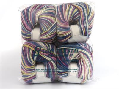 4x100gr. WOOL VARICOLOR WORSTED Yün, Akrilik Pembe, Beyaz, Mor, Sarı, Mavi Tonları Kışlık, Yün, Batik Desenli, Worsted, Akrilik