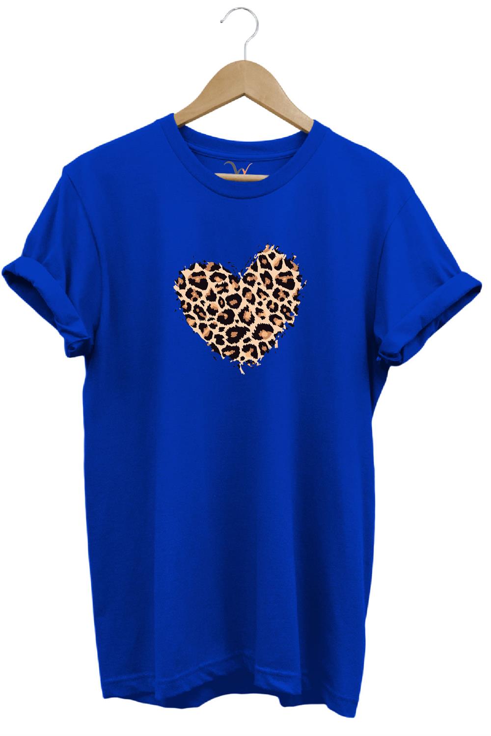 14 Şubat Sevgililer Günü Kalp Leopar Desen Baskılı %100 Pamuk Regular Fit Bisiklet Yaka T-Shirt - Mavi