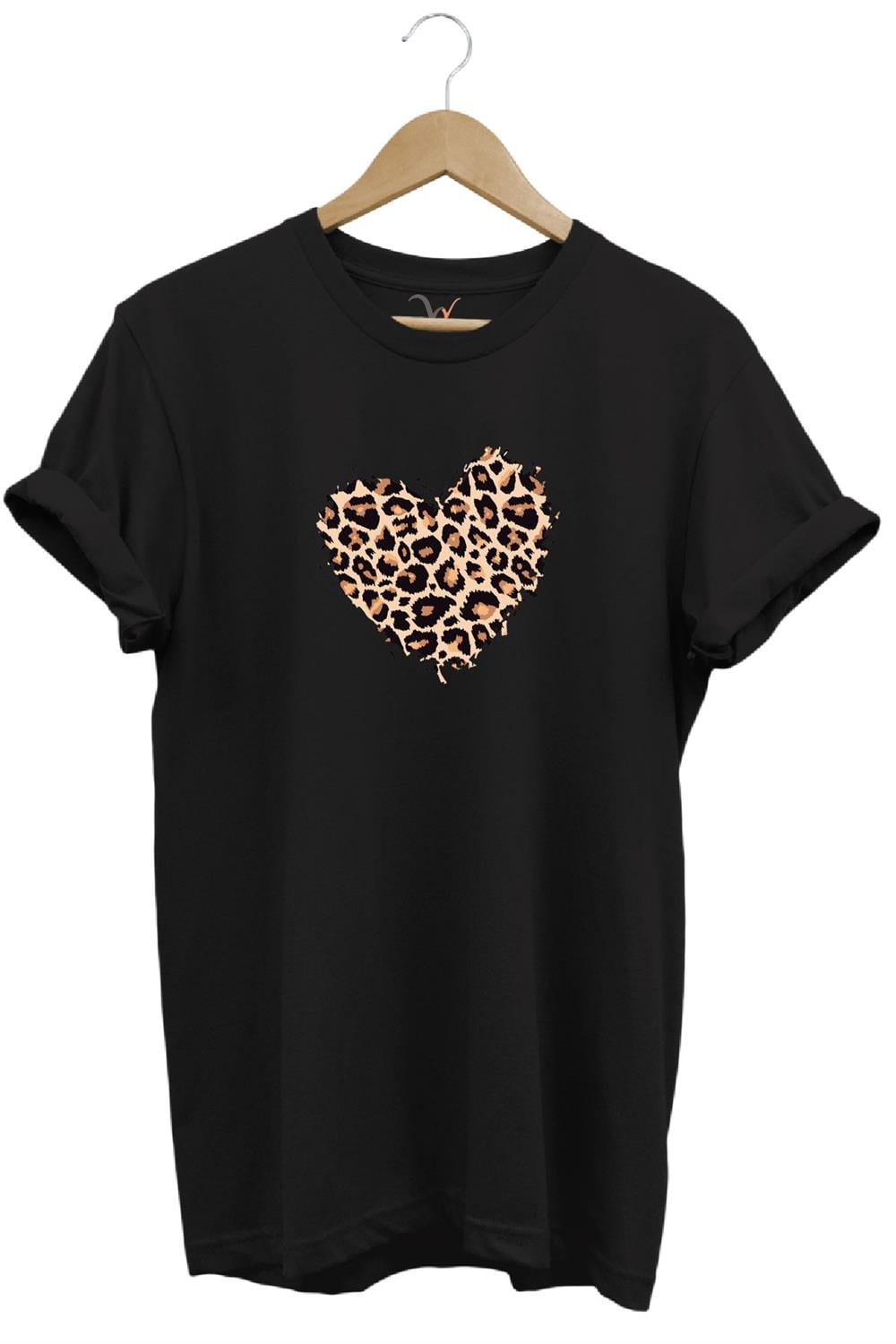 14 Şubat Sevgililer Günü Kalp Leopar Desen Baskılı %100 Pamuk Regular Fit Bisiklet Yaka T-Shirt - Siyah