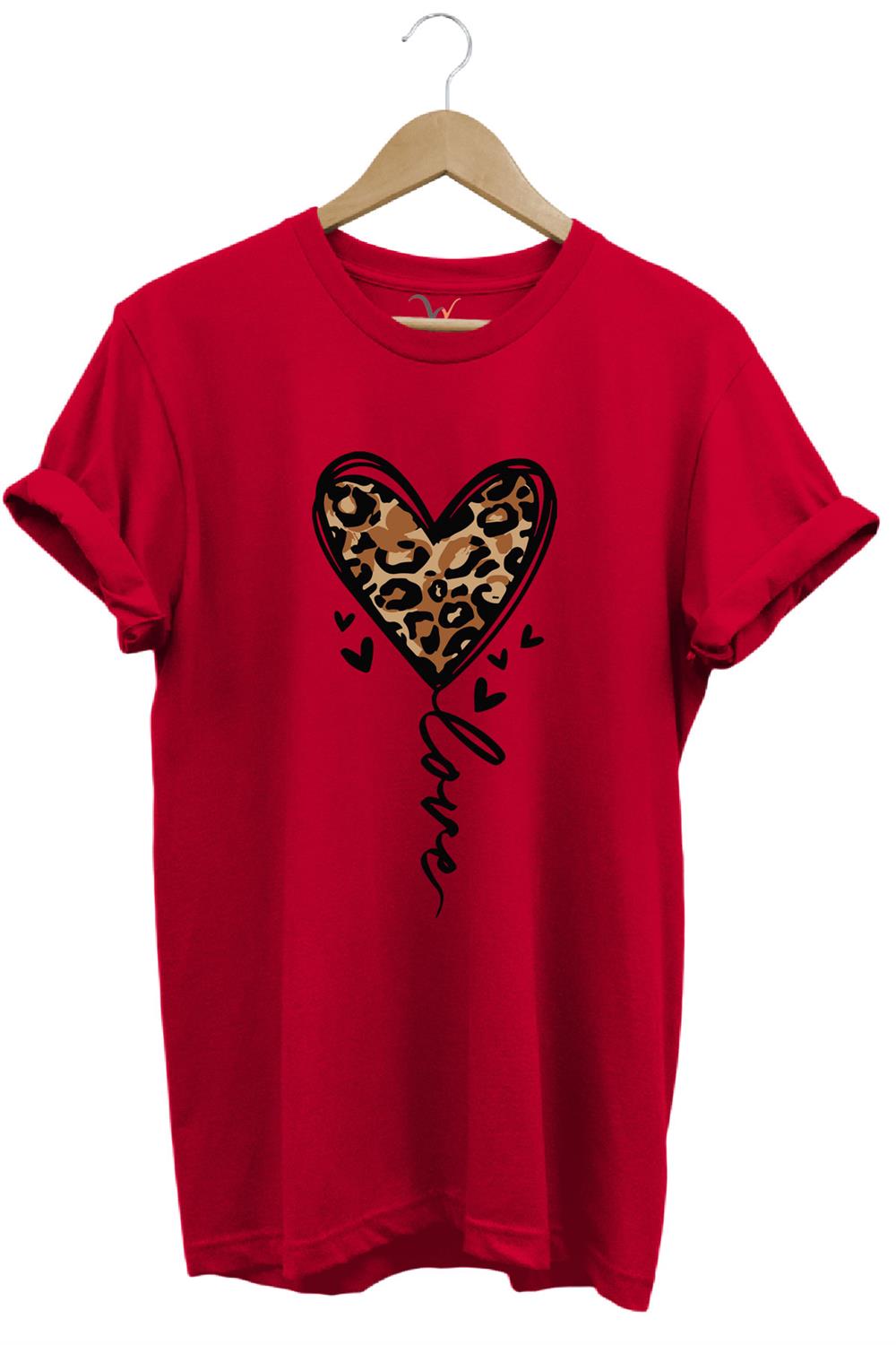 14 Şubat Sevgililer Günü Kalp Leopar Desen Baskılı %100 Pamuk Regular Fit Bisiklet Yaka T-Shirt - Kırmızı