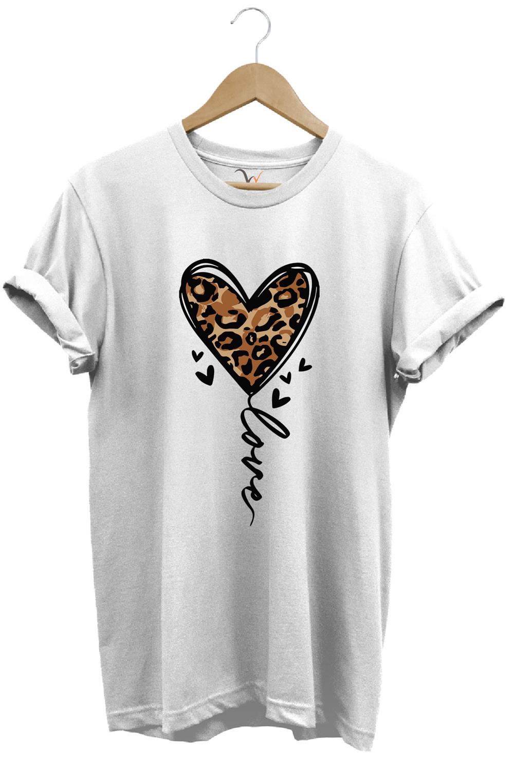 14 Şubat Sevgililer Günü Kalp Leopar Desen Baskılı %100 Pamuk Regular Fit Bisiklet Yaka T-Shirt - Beyaz