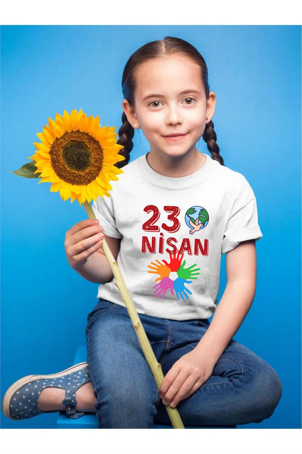 23 Nisan Çocuk Bayramı Baskılı Atatürk Regular Fit %100 Pamuk Çocuk T-Shirt - Beyaz