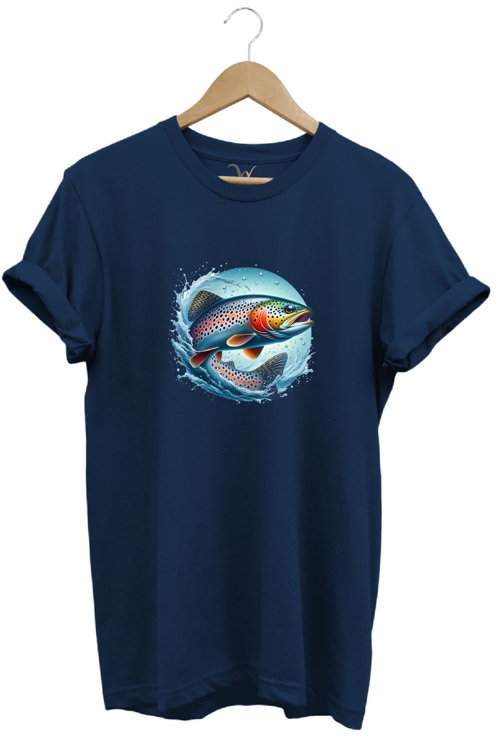 Alabalık Baskılı Balıkçılık %100 Pamuk Regular Fit Bisiklet Yaka T-Shirt - Lacivert