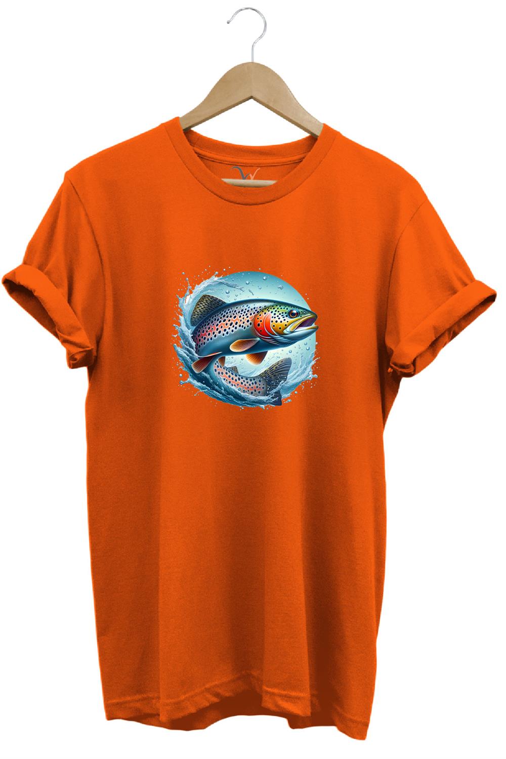 Alabalık Baskılı Balıkçılık %100 Pamuk Regular Fit Bisiklet Yaka T-Shirt - Turuncu