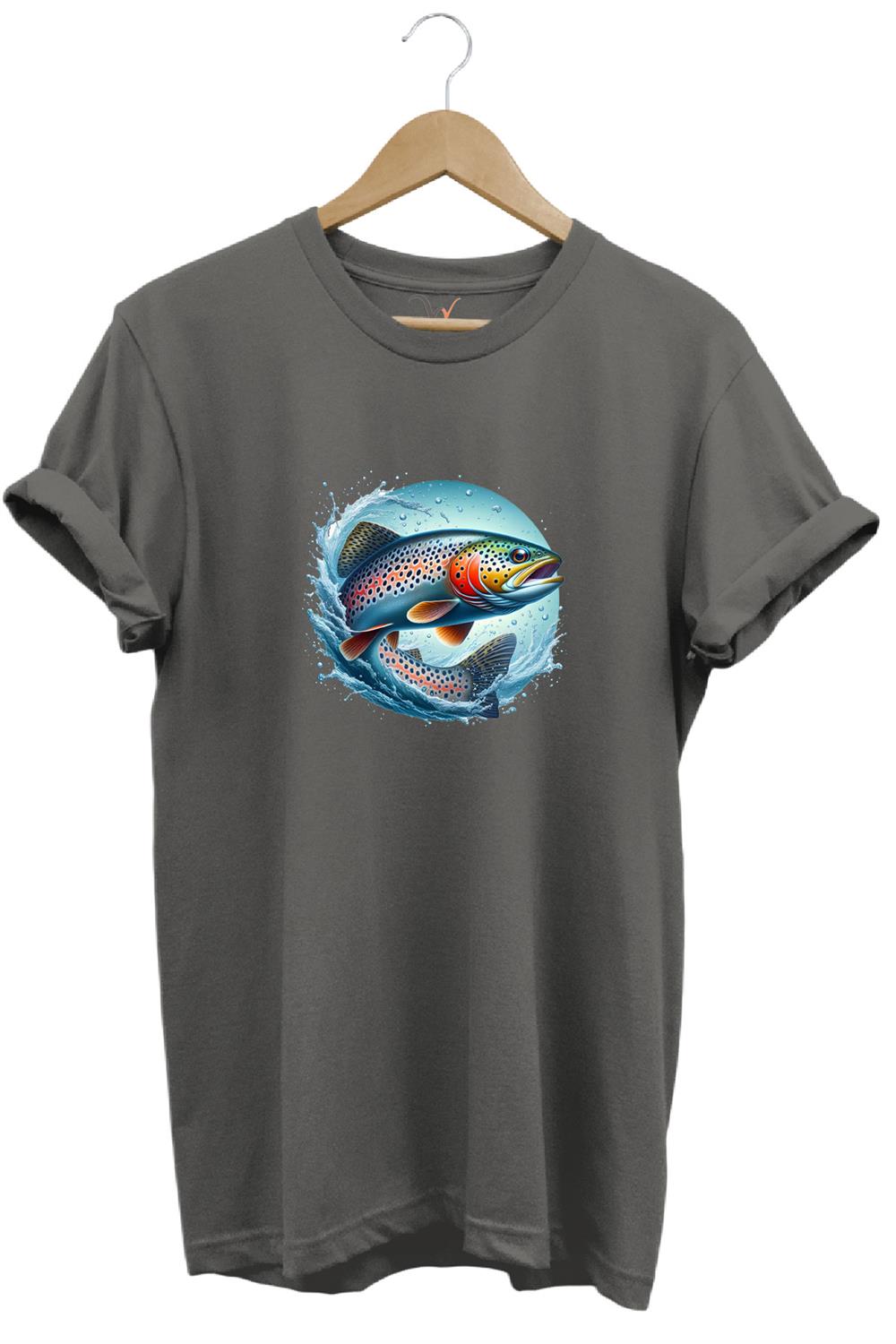 Alabalık Baskılı Balıkçılık %100 Pamuk Regular Fit Bisiklet Yaka T-Shirt - Antrasit