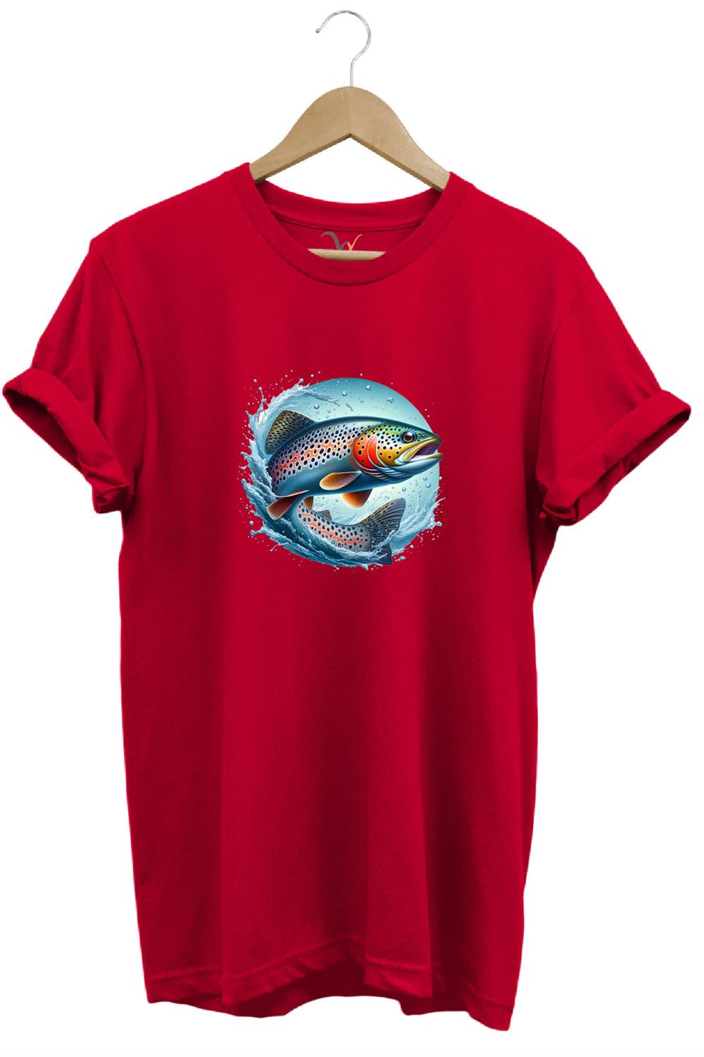 Alabalık Baskılı Balıkçılık %100 Pamuk Regular Fit Bisiklet Yaka T-Shirt - Kırmızı