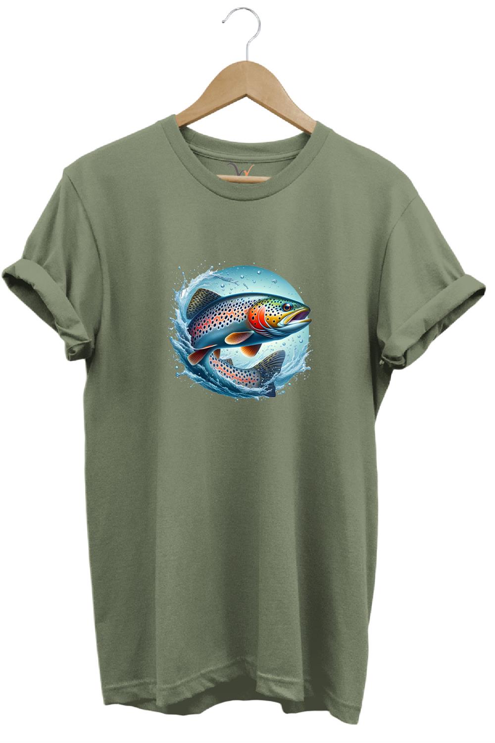 Alabalık Baskılı Balıkçılık %100 Pamuk Regular Fit Bisiklet Yaka T-Shirt - Haki