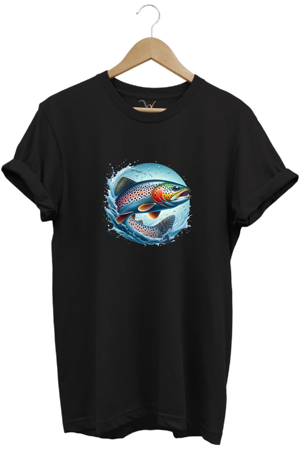 Alabalık Baskılı Balıkçılık %100 Pamuk Regular Fit Bisiklet Yaka T-Shirt - Siyah