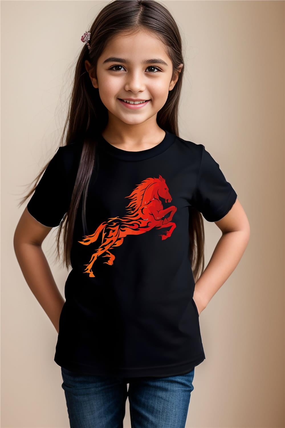 Alevli Ateş Baskılı Sarı Ve Kırmızı Detay %100 Pamuk Erkek Çocuk Kız Çocuk T-Shirt - Siyah