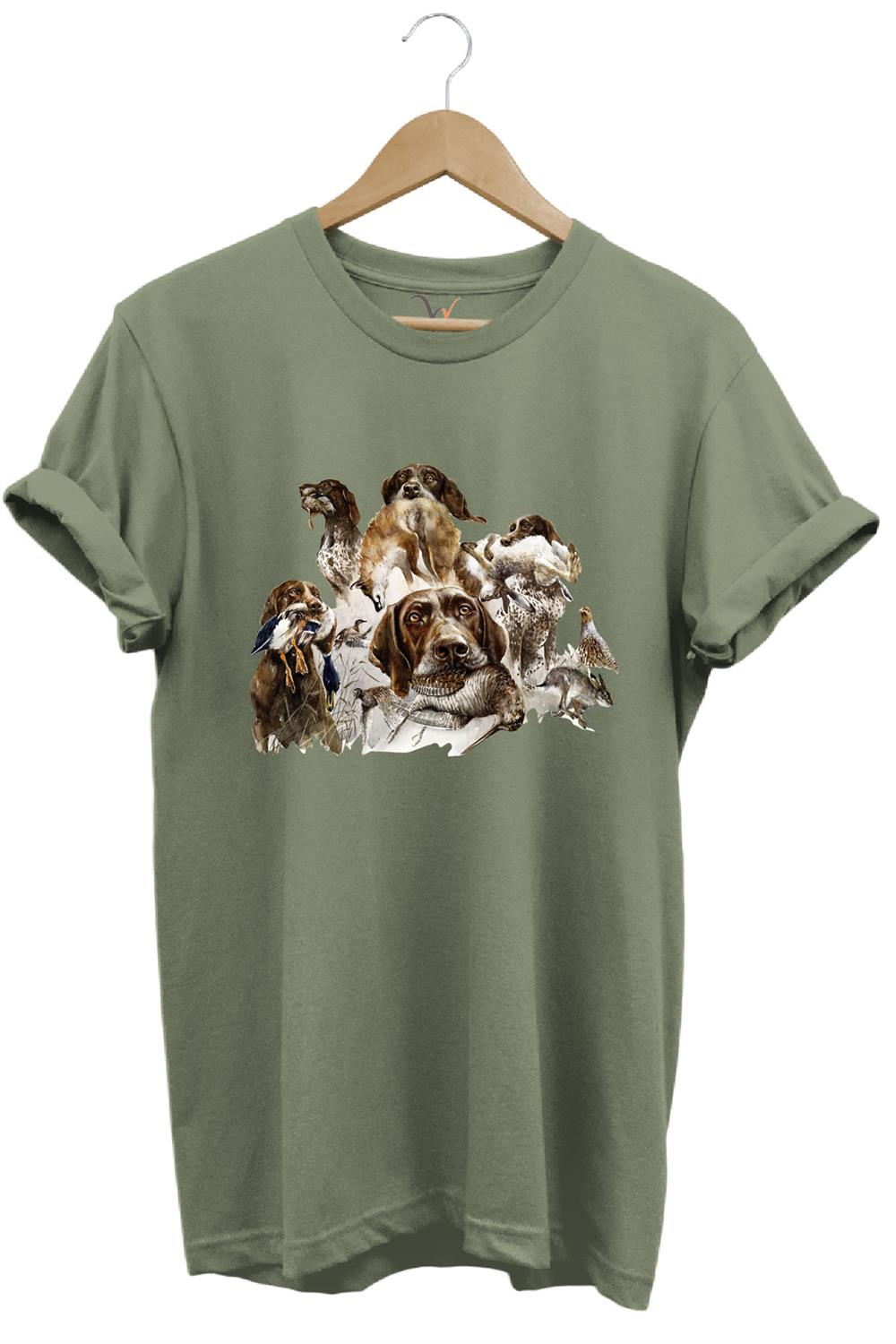 Av Köpekleri Ve Kuş Temalı %100 Pamuk Unisex Regular Fit T-Shirt - Haki