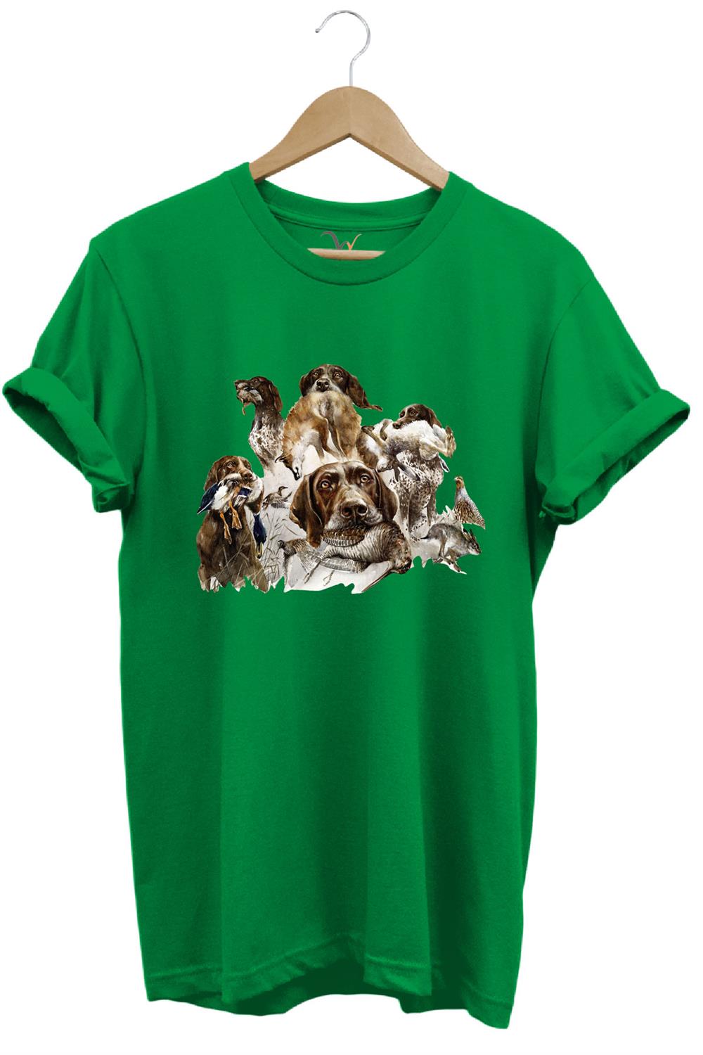 Av Köpekleri Ve Kuş Temalı %100 Pamuk Unisex Regular Fit T-Shirt - Yeşil