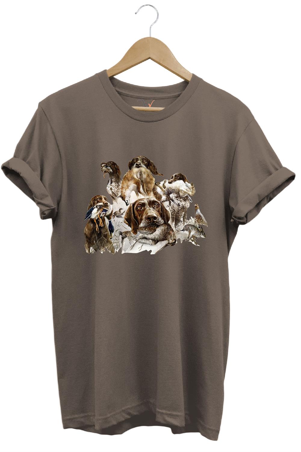 Av Köpekleri Ve Kuş Temalı %100 Pamuk Unisex Regular Fit T-Shirt - Kahve