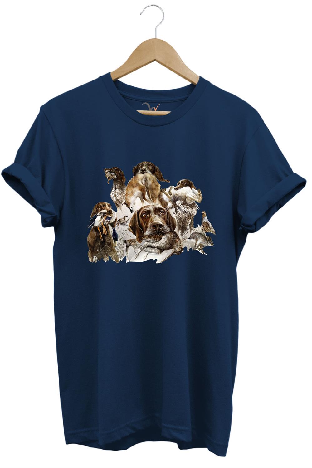 Av Köpekleri Ve Kuş Temalı %100 Pamuk Unisex Regular Fit T-Shirt - Lacivert