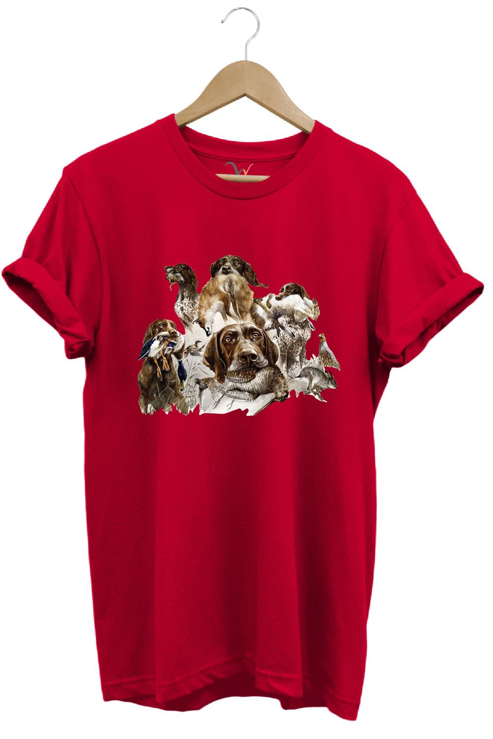 Av Köpekleri Ve Kuş Temalı %100 Pamuk Unisex Regular Fit T-Shirt - Kırmızı