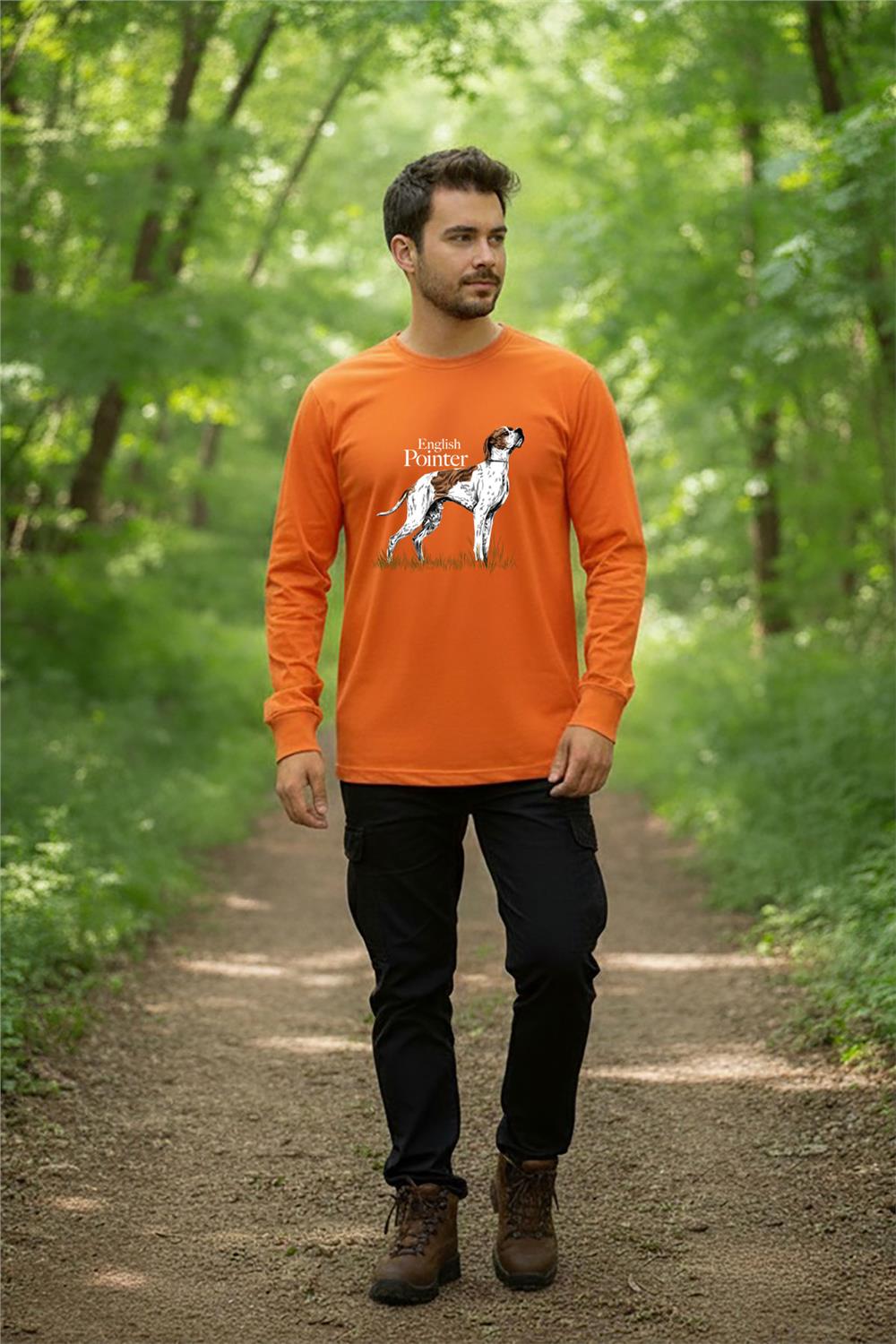 Avcılık English Pointer Av Köpeği Baskılı Regular Fit Turuncu Bisiklet Yaka Uzun Kollu T-Shirt - Turuncu