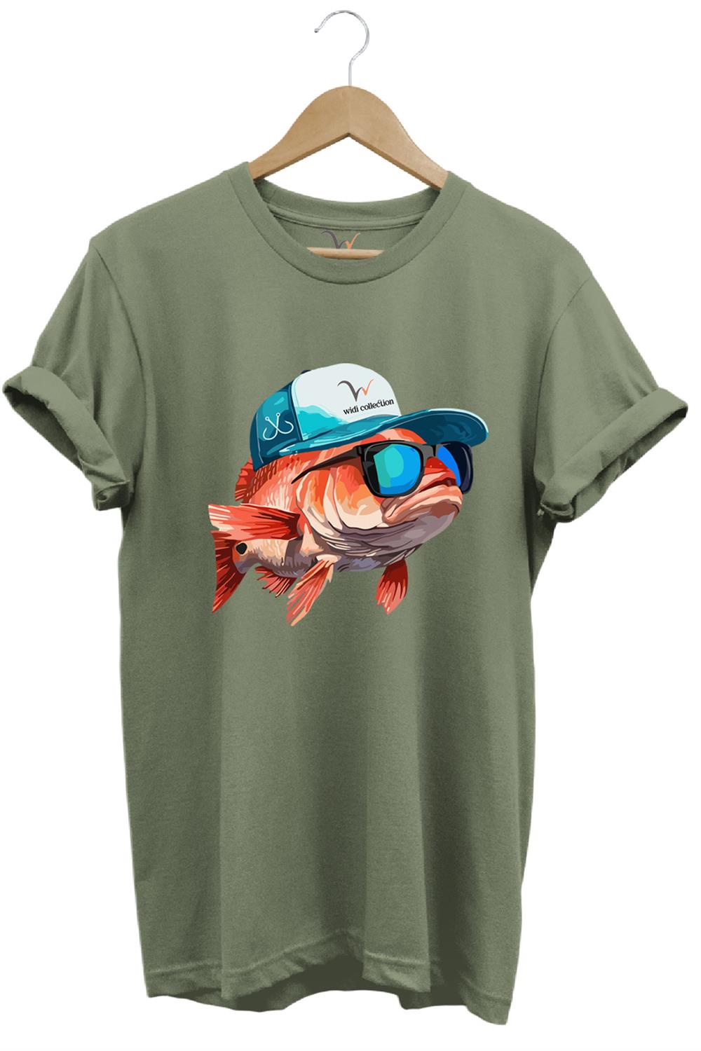 Avcılık Fishing Balık Avcılığı Şapkalı Komik Balık Tasarımı Baskılı Regular Fit %100 Pamuk Tişört - Haki
