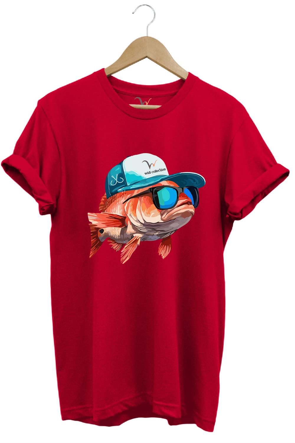 Avcılık Fishing Balık Avcılığı Şapkalı Komik Balık Tasarımı Baskılı Regular Fit %100 Pamuk Tişört - Kırmızı